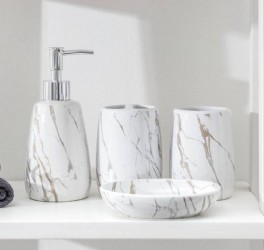 Изображение продукта Набор аксессуаров для ванной комнаты «Молния», 4 предмета (мыльница, дозатор для мыла, 2 стакана), белый